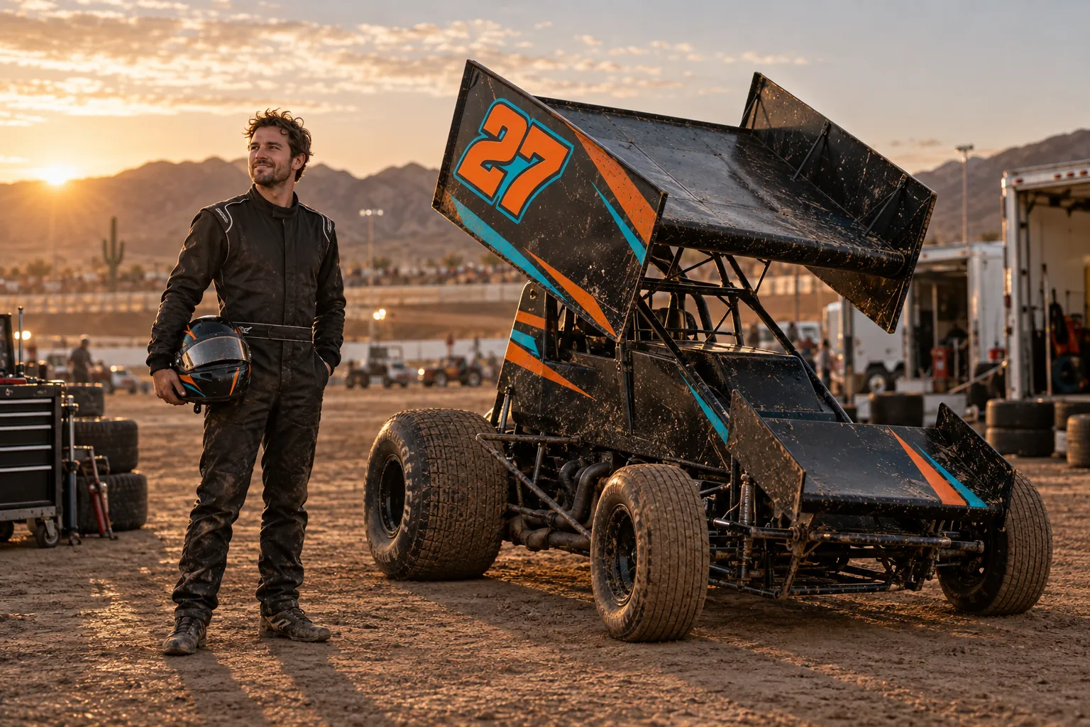 Illustrative racer standing beside a sprint car in the paddock